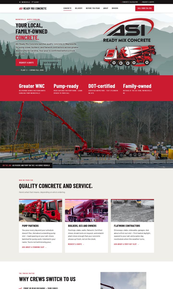Homepage of the ASI Ready Mix website, designed and built by Marketing Outpost