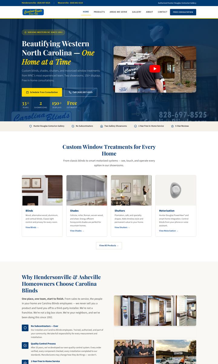 Homepage of the Carolina Blinds website, designed and built by Marketing Outpost