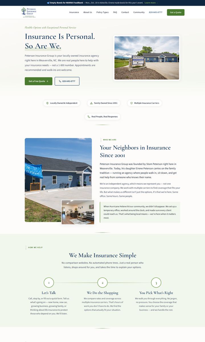 Homepage of the Peterson Insurance Group website, designed and built by Marketing Outpost