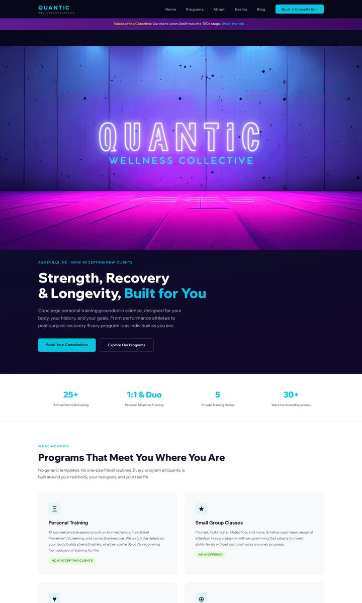 Homepage of the Quantic Wellness Collective website, designed and built by Marketing Outpost