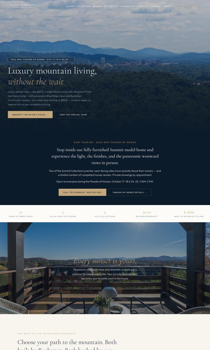 Homepage of the Reynolds Mountain Villas website, designed and built by Marketing Outpost